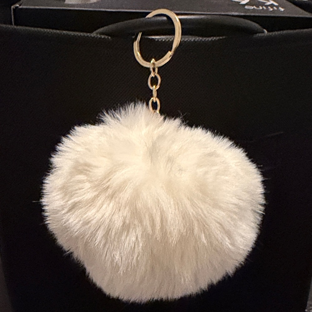 White Faux Fur Pom Pom Keychain with Gold Ring